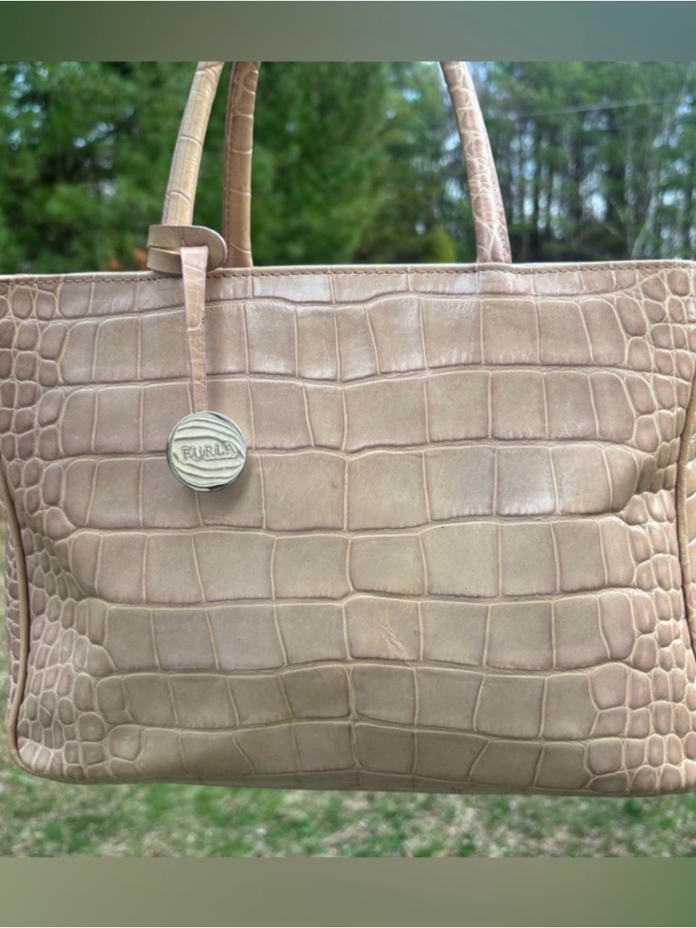 Furla Croc-Embossed Tan Leather Tote with Logo Charm - Picture 12 of 13